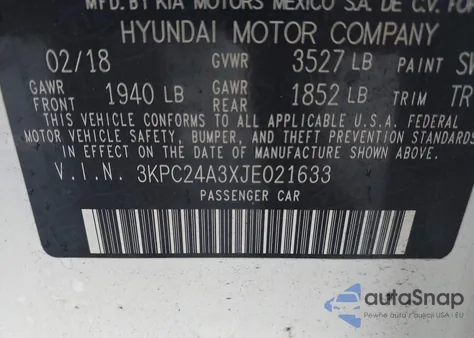 2018 Hyundai Accent Sel from USA, damaged, VIN 3KPC24A3XJE021633